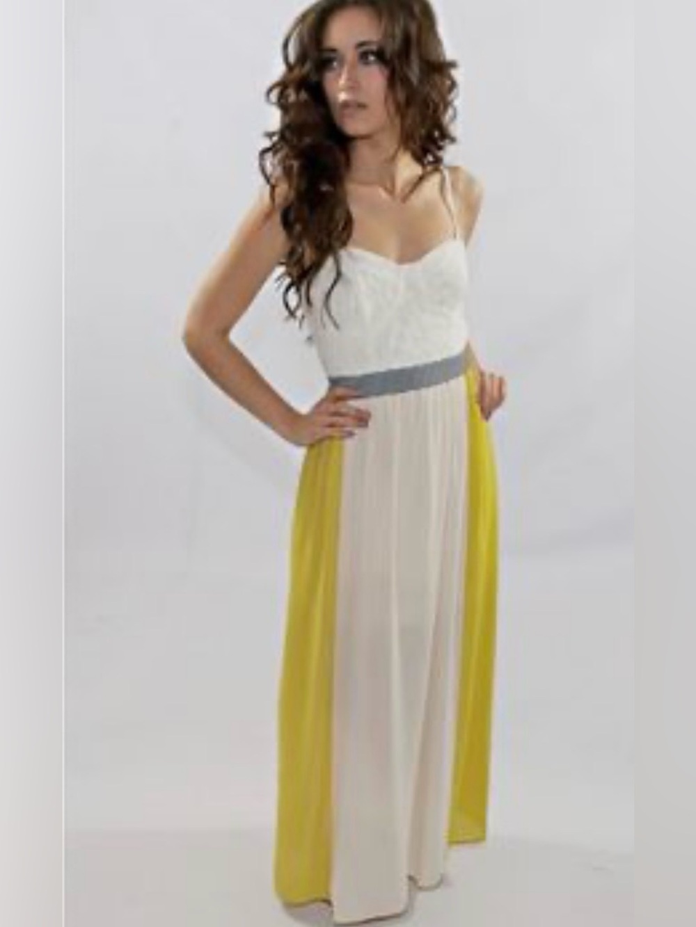 C. Luce White and Yellow Spaghetti Strap Maxi Dress with Gray Waistband Size Med